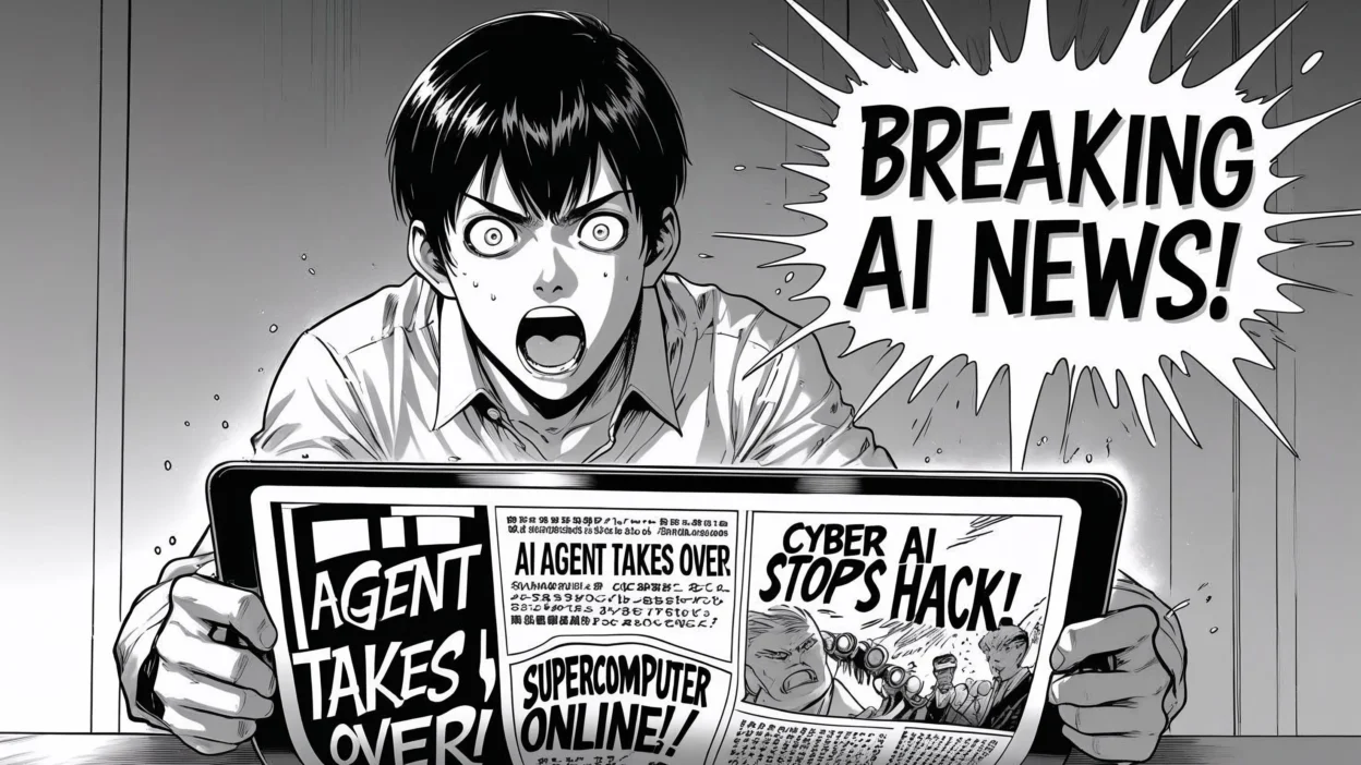 Teenage boy reacting with shock to AI trends this week, holding digital newspaper showing headlines like ‘AI Agent Takes Over’ and ‘Cyber AI Stops Hack’, illustrated in manga comic style, high energy and exaggerated expression