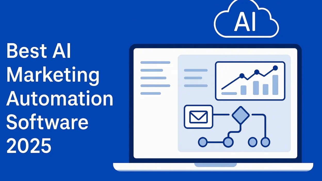 AI marketing automation software interface on laptop screen with graphs and workflow Title: Best AI Marketing Automation Software 2025