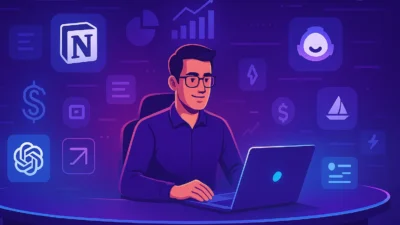 AI side hustles 2025 illustration showing a freelancer working on a laptop surrounded by ChatGPT, Notion, Jasper, and AI monetization icons