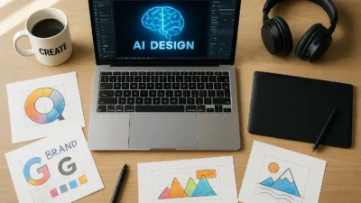 ai tools for creators workspace with laptop tablet and sketches