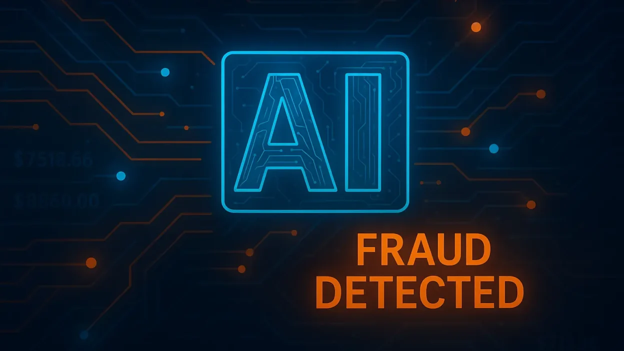 AI fraud detection and financial risk management technology in 2025, featuring futuristic digital security interface