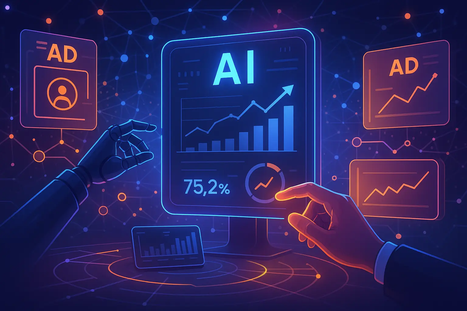 Illustration of digital advertising with AI-optimized ad campaigns and cookieless targeting for 2025 PPC success