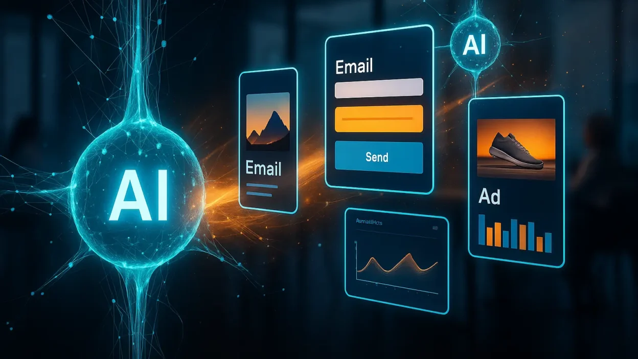 AI writing prompts for marketing and sales in 2025 with a futuristic AI core generating ads, emails, product descriptions, and analytics.