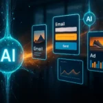 AI writing prompts for marketing and sales in 2025 with a futuristic AI core generating ads, emails, product descriptions, and analytics.