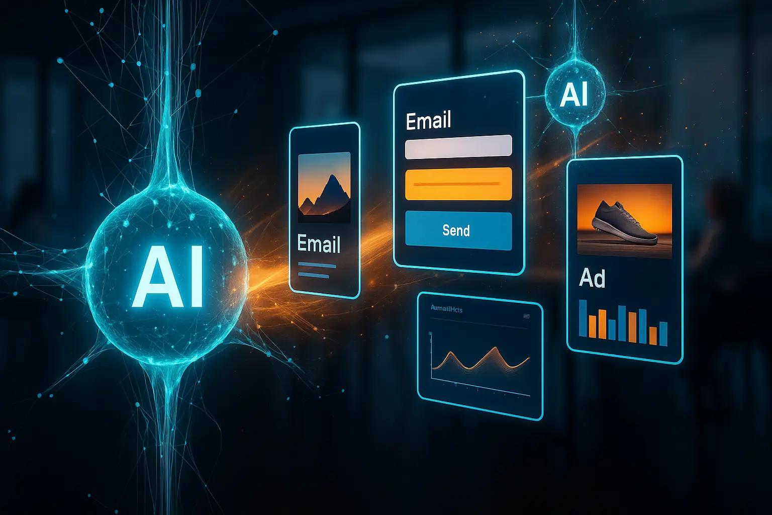 AI writing prompts for marketing and sales in 2025 with a futuristic AI core generating ads, emails, product descriptions, and analytics.